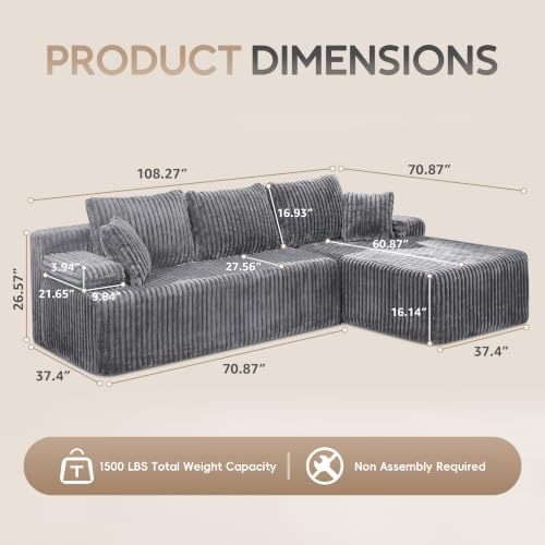 Hobestluk Boneless Couches Modular Sectional Sofa L-Shape Oversized Chaise - Image 2
