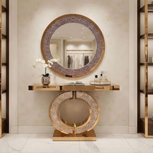 Mirrored Console Table & Round Wall Mirror Set, 42.9" Brown - Image 3