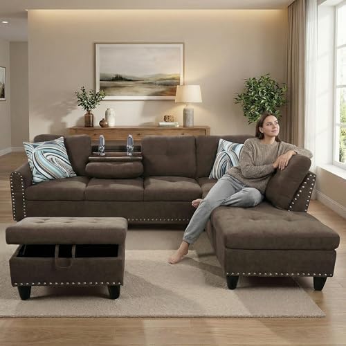 L-Shaped Couch Set, 97.5" L x 69.5" W Sectional Sofas Linen Brown - Image 5
