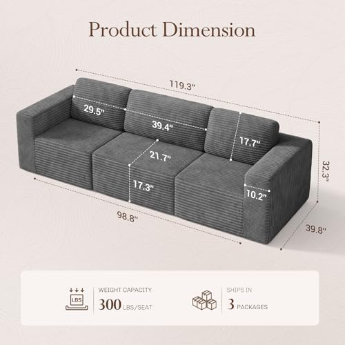 Vesgantti 119" Modular Sectional Sofa, Corduroy Cloud Couch - Image 2