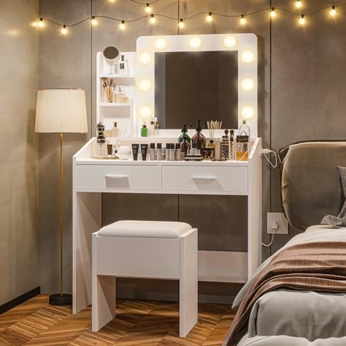 Vanity Desk with Power Outlet, Makeup Vanity with Large Mirror and LED Lights - Image 7