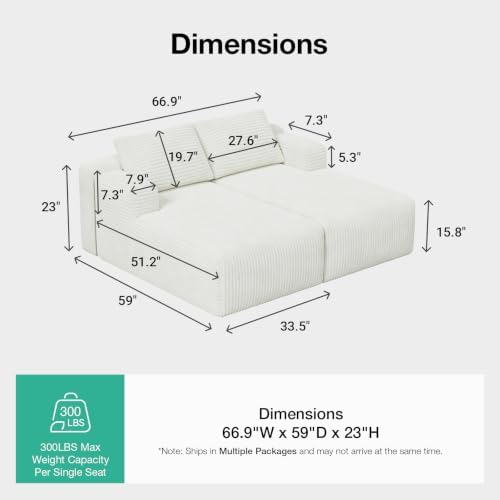 Novilla Modular Sectional Sofa Bed Boneless Couch, Corduroy Beige - Image 2