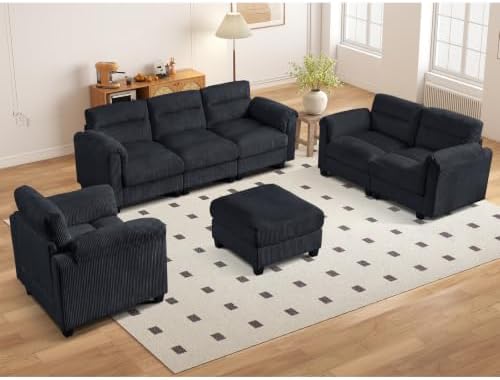 HAOMARKETS Corduroy 4-piece Sofa Set, Upholstered Ottoman, Loveseat 2-Seater by HAOMARKETS
