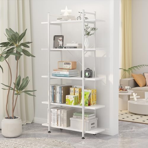 Bookshelf 5 Tiers White Wooden Storage Shelf, Modern Open Display Storage - Image 6