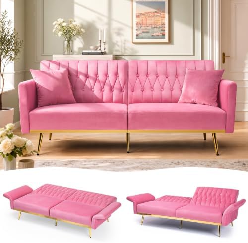 70” Velvet Futon Sofa Bed w/Adjustable Armrests by ACMEASE