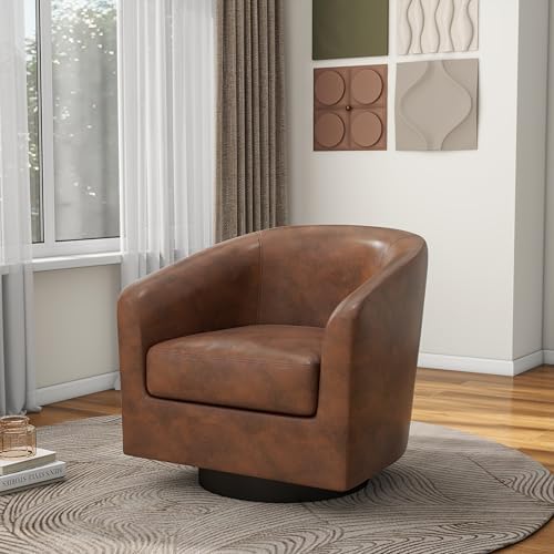 Pia Ricco Set of 4 Faux Leather 360° Swivel Barrel Accent Chair Brown - Image 6