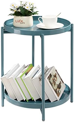TeoKJ 2 Tier Round Side Table, Folding Round Metal End Table Small Nightstand by TeoKJ