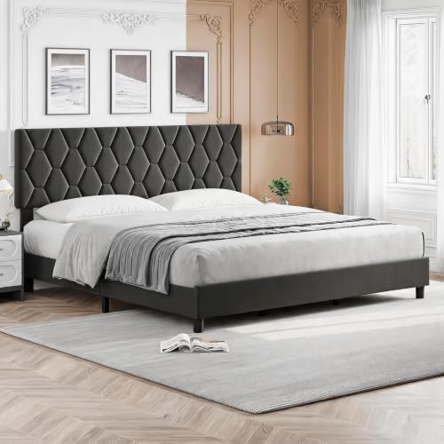 King Size Platform Bed Frame – Light Gray Upholstered Adjustable Headboard – by SLEKVERSA