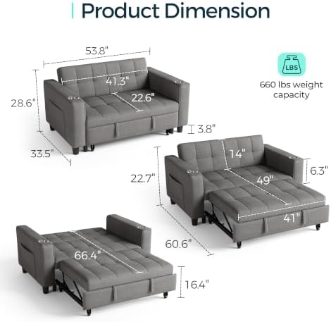 LINSY 54" Pull Out Couch with Charging Station, Linen Sleeper Sofa Bed with Cup - Image 3