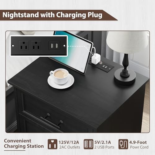 YANSNWO Black Nightstand with Charging Station, 19.7" 3-Drawer End Table - Image 4