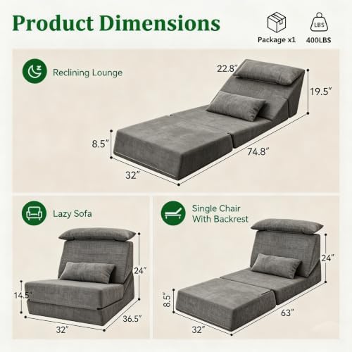 Fold Out Chair Bed, Folding Sofa Bed, 3 in 1 Convertible Sleeper Chair Bed - Image 2