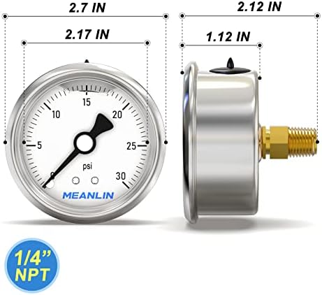 MEANLIN MEASURE 0~30Psi Stainless Steel 1/4" NPT 2.5" Single Scale FACE DIAL - Image 2