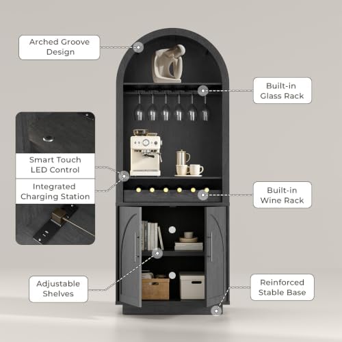 Fatmok Modular Coffee Bar with LED Lighting, Charging Station, Arched Wooden - Image 4