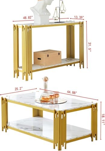White Marble Coffee Table Set of 2, Faux Marble Coffee Tables and Gold White - Image 3
