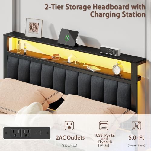 Furnulem Queen Bed Frame with Storage Drawers and Upholstered Headboard - Image 6