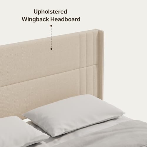 Gizoon King Bed Frame with Wingback Headboard, Upholstered Platform Bed - Image 5