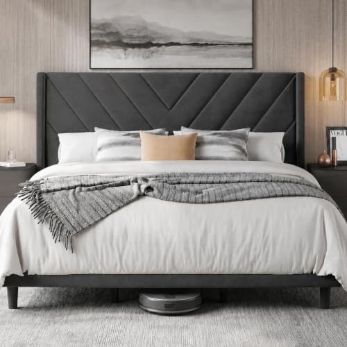 Yaheetech King Bed Frame with Chevron Channel-Tufted Headboard, Dark Gray by Yaheetech