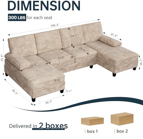 Sectional Couches for Living Room, U Shaped Couch, Light Beige - Image 2