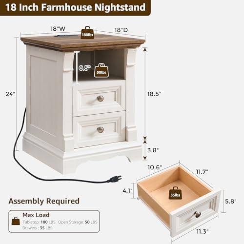Farmhouse Nightstand with Charging Station 18"Wood End Table w/Roman Column - Image 2