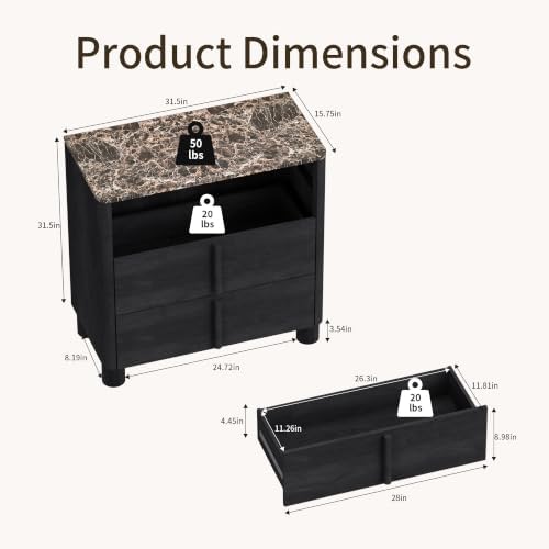 31.5" Wide 3 Drawer Dressers Set of 2, Faux Marble & Wood Storage Cabinet - Image 2