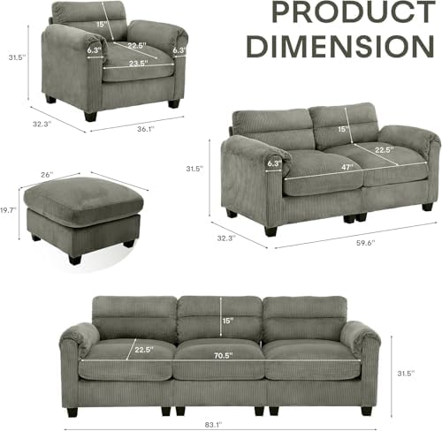 HAOMARKETS Corduroy Sofa Set, Upholstered 3-Seater Couch - Image 2