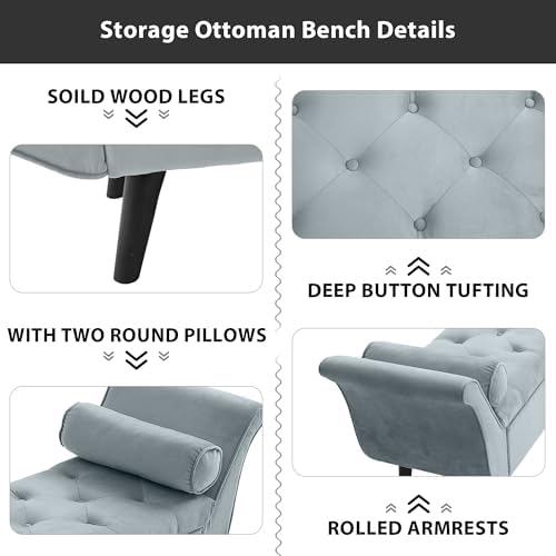 End of Bed Storage Bench for Bedroom, Upholstered Rolled Armed Button Tufted - Image 4
