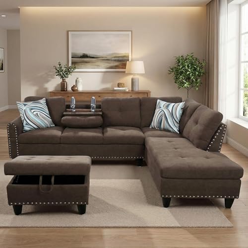 L-Shaped Couch Set, 97.5" L x 69.5" W Sectional Sofas Linen Brown by Topcomfy