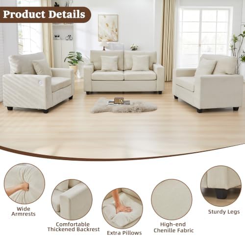 Loveseat Sofa with 2 Accent Sofa Chairs Chenille Couch Set - Image 5