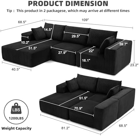 108" Boneless Couch with Chaise, Cloud Sectional Modular Sofa - Image 3