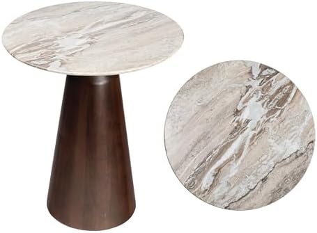 JONATHAN Y Kaito 18" Round White Marble End Table, Walnut Wood by JONATHANY