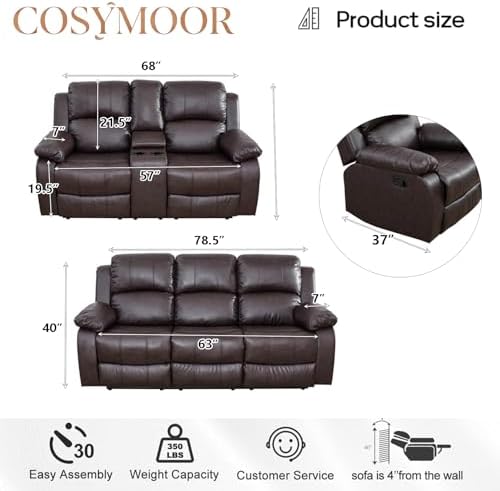 Manual Recliner Sofa Set for Living Room, Leather Reclining Sofa Sets, - Image 2
