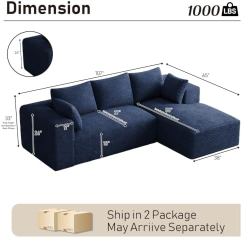 ONEMMLION 107" L-Shaped Cloud Boneless Couch Sofa - Image 2