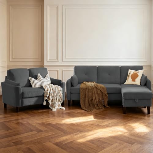 3 Piece Sectional Sofa Set, 3 Seat Couch & Loveseat & Ottoman, Dark Grey - Image 6