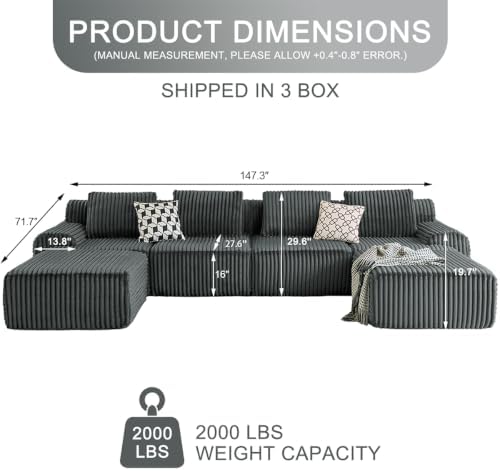 147" Boneless Couches for Living Room Oversized U-Shaped Grey - Image 2