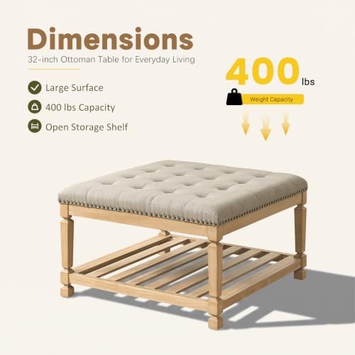 Befurtori Ottoman with Storage Bench, Linen Ottoman Coffee Table Gray Linen - Image 3