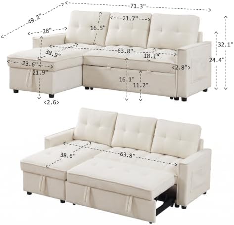 71" L Shaped Queen Pull Out Sofa Bed - Image 3