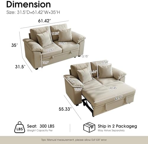 WorthFurni 61” Pull Out Couch, 2 in 1 Sleeper Sofa Bed - Image 2