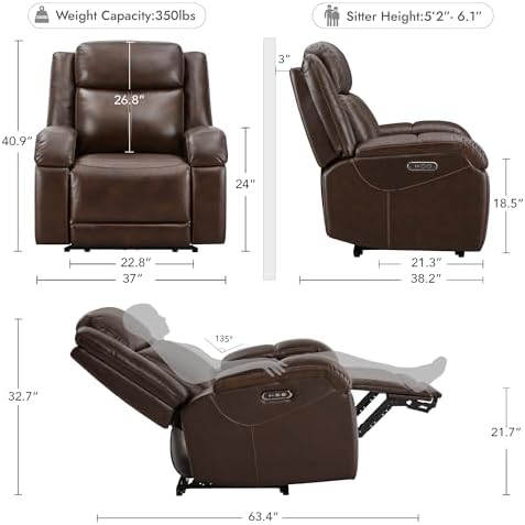 Watson & Whitely Genuine Leather Wall Hugger Power Recliner, Dark Brown - Image 3