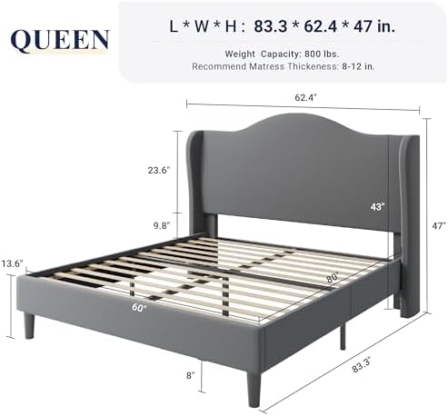 Allewie Queen Size Bed Frame, Plush Velvet Wingback, Modern Style - Image 2