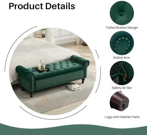 SOFTHION 58.1" Storage Bench for Bedroom, Velvet Upholstered, Dark Green - Image 4