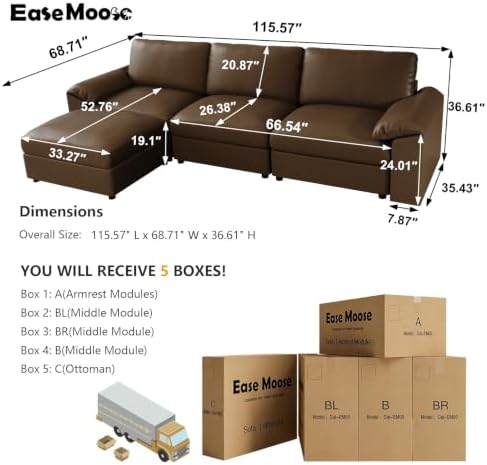 EASE MOOSE Leather Sectional Couch, Modular Sectional Sofa, Deep Brown - Image 2