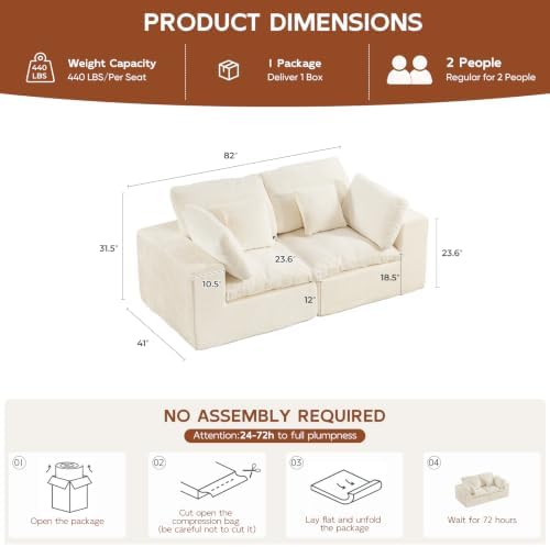 82" Oversized Loveseat Sofa, Deep Seat Boneless Sectional Couch, Modern Cloud - Image 2