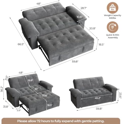 59” Loveseat Sleeper Sofa with USB Ports & 4 Storage Pockets, 3 in 1 - Image 2