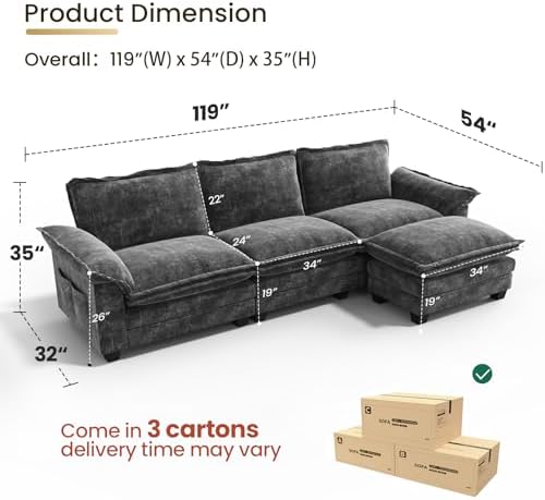 123 Inch L-Shaped Modular Sectional Sofa, 4 Seater Cloud Couch - Image 2