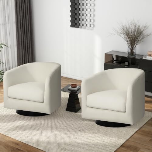 Pia Ricco Set of 2 Oversized Velvet 360° Swivel Barrel Accent Chair Ivory by PiaRicco
