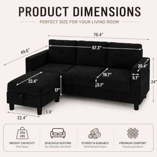 JAMFLY 77" L-Shaped Corduroy Sectional Sofa - Image 2