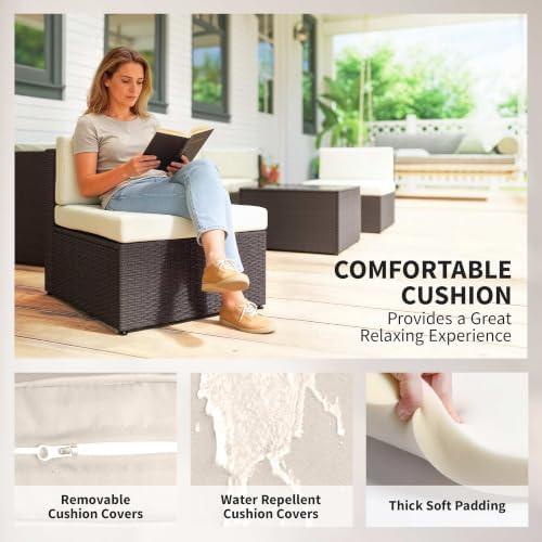 Outsunny 7 Piece Patio Furniture Set Wicker Outdoor Sectional Cream White - Image 5