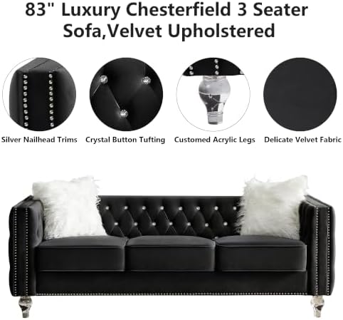 Aoowow Chesterfield 3 Seater Sofa Diamond Button Tufted, Modern Velvet Black 3 - Image 4