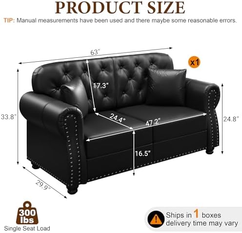 63'' Faux Leather Chesterfield Loveseat Sofa - Image 2