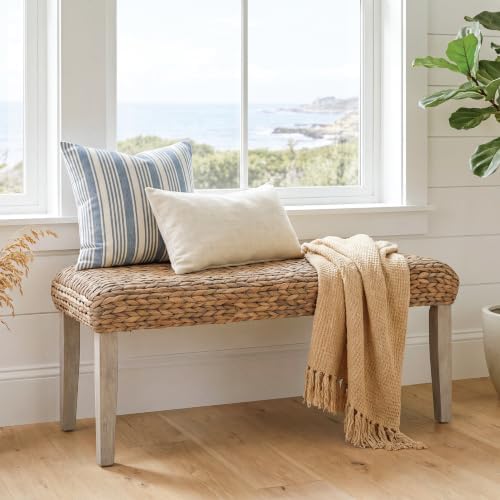 Solid Wood Acacia Indoor Bench, Natural Woven Water Hyacinth Seat by AVCONNECT